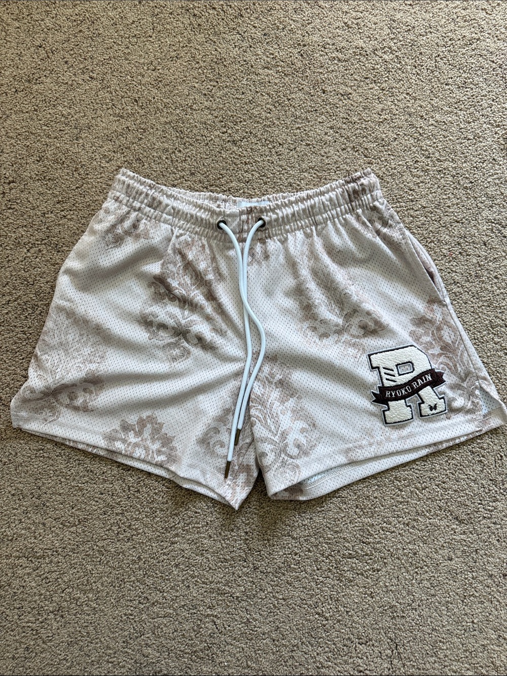 White Floral Athletic Mesh Shorts with Drawstring